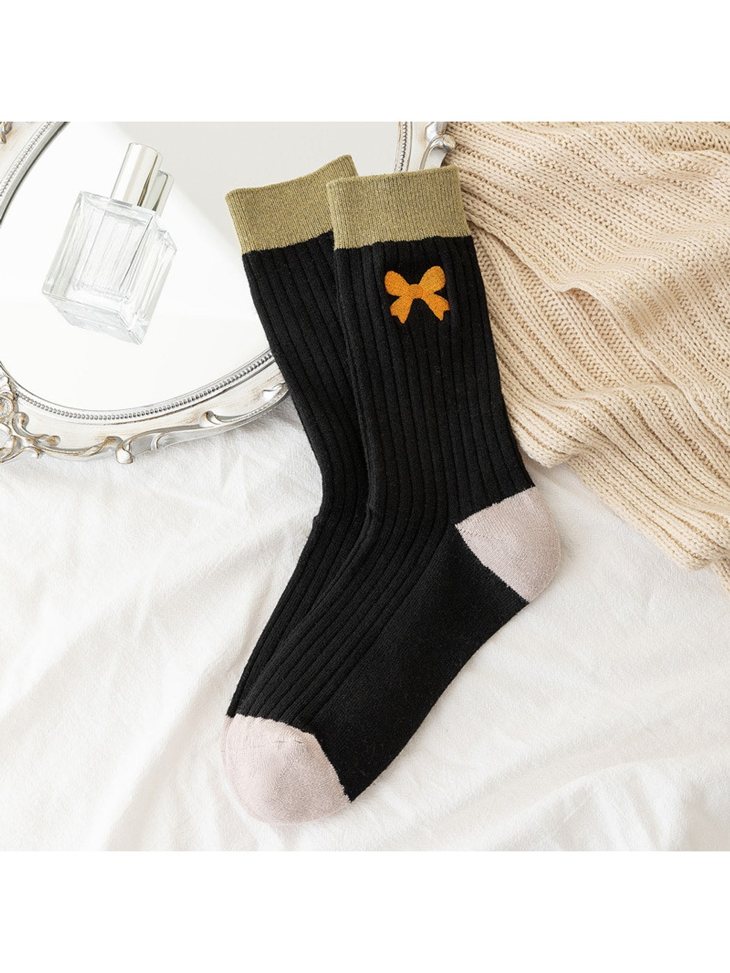 Rufia - Preppy Embroidery Bow Color Block Crew Socks