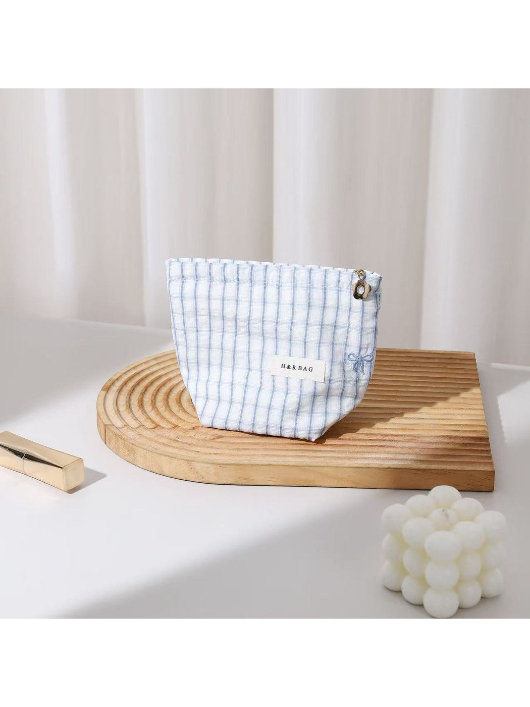 Cosbai - Checked Bow Embroidered Makeup Bag Pouch