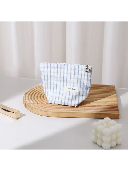 Cosbai - Checked Bow Embroidered Makeup Bag Pouch