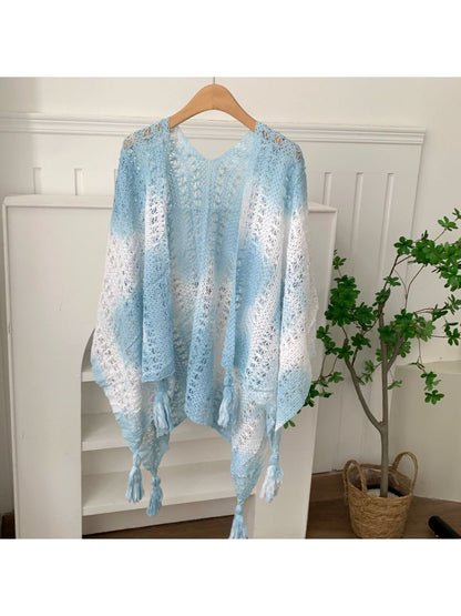 Scarvii - Gradient Openwork Tassel Trim Cape Shawl