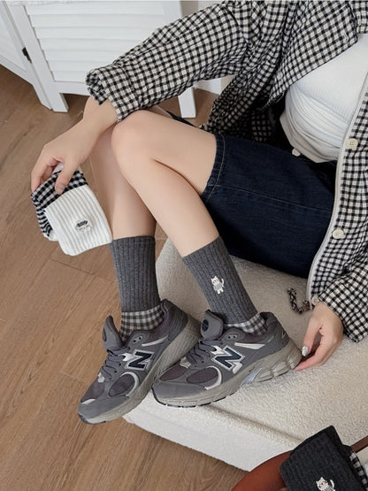 Rufia - Cute Cat Embroidery Plaid Socks for Women