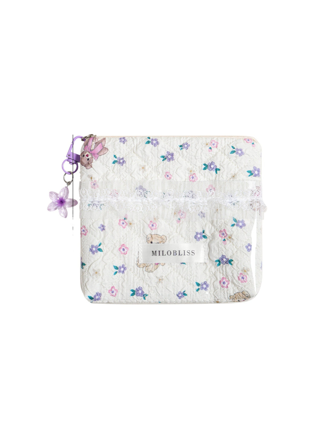 Cosbai - Lace Floral Quilted Zipper Pouch with Charm