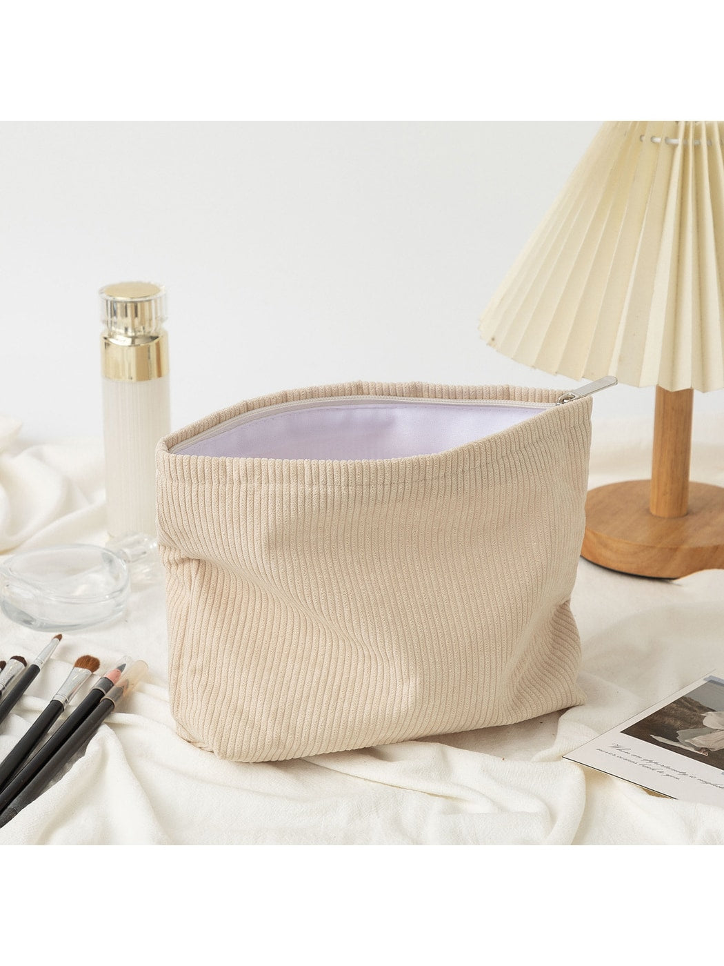 Cosbai - Minimalist Solid Color Ribbed Zip Pouch