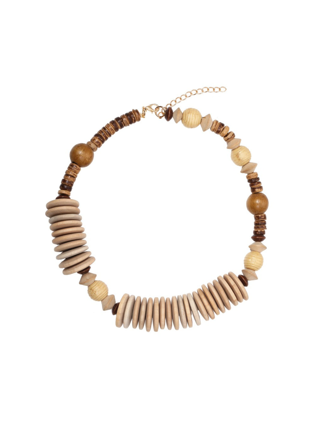 Neckit bead necklace featuring neutral earthy tones laid flat on a white background