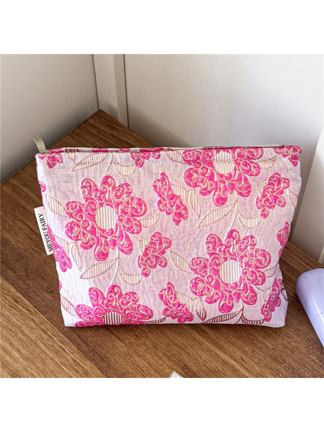 Cosbai - Raised Floral Zipper Makeup Bag