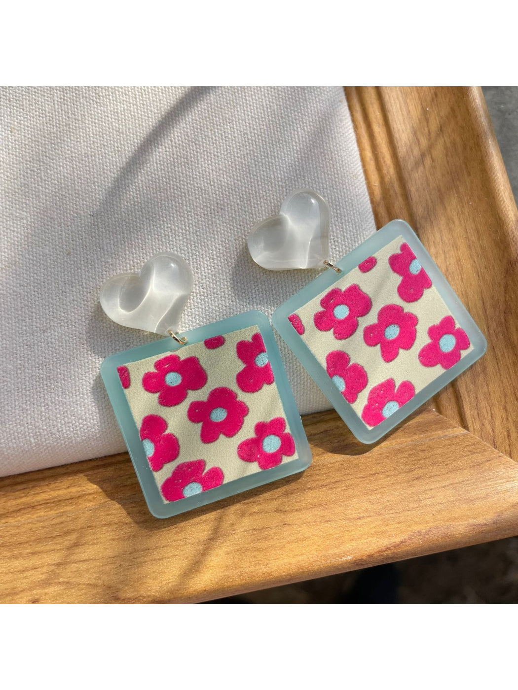 Earwish Heart Top Floral Drop Earrings with pink flower design and gold-tone metal