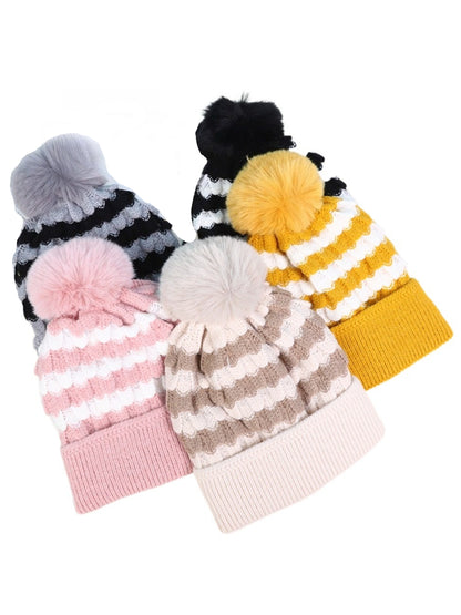 Haila - Women's Striped Fleece Lined Beanie with Pom