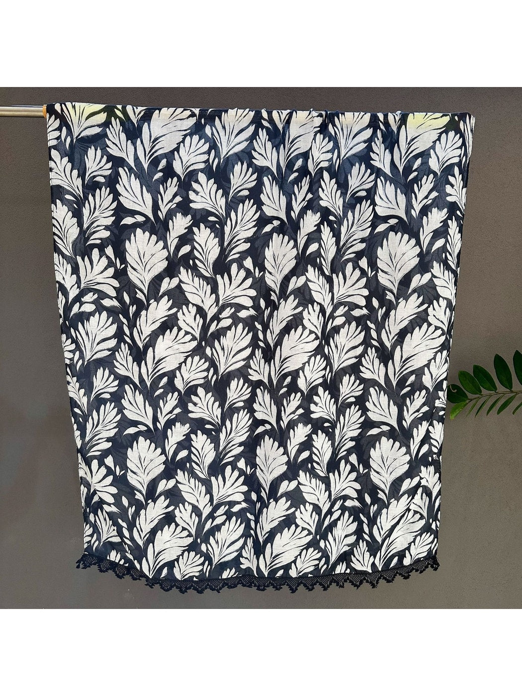 Scarvii - Leaf Print Lace Trim Lightweight Wrap Scarf
