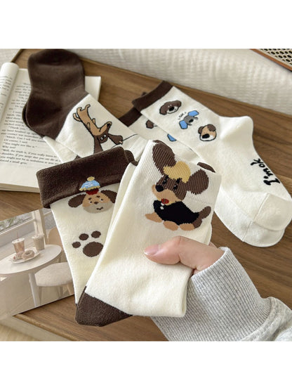 Rufia - Brown Puppy Print Crew Socks