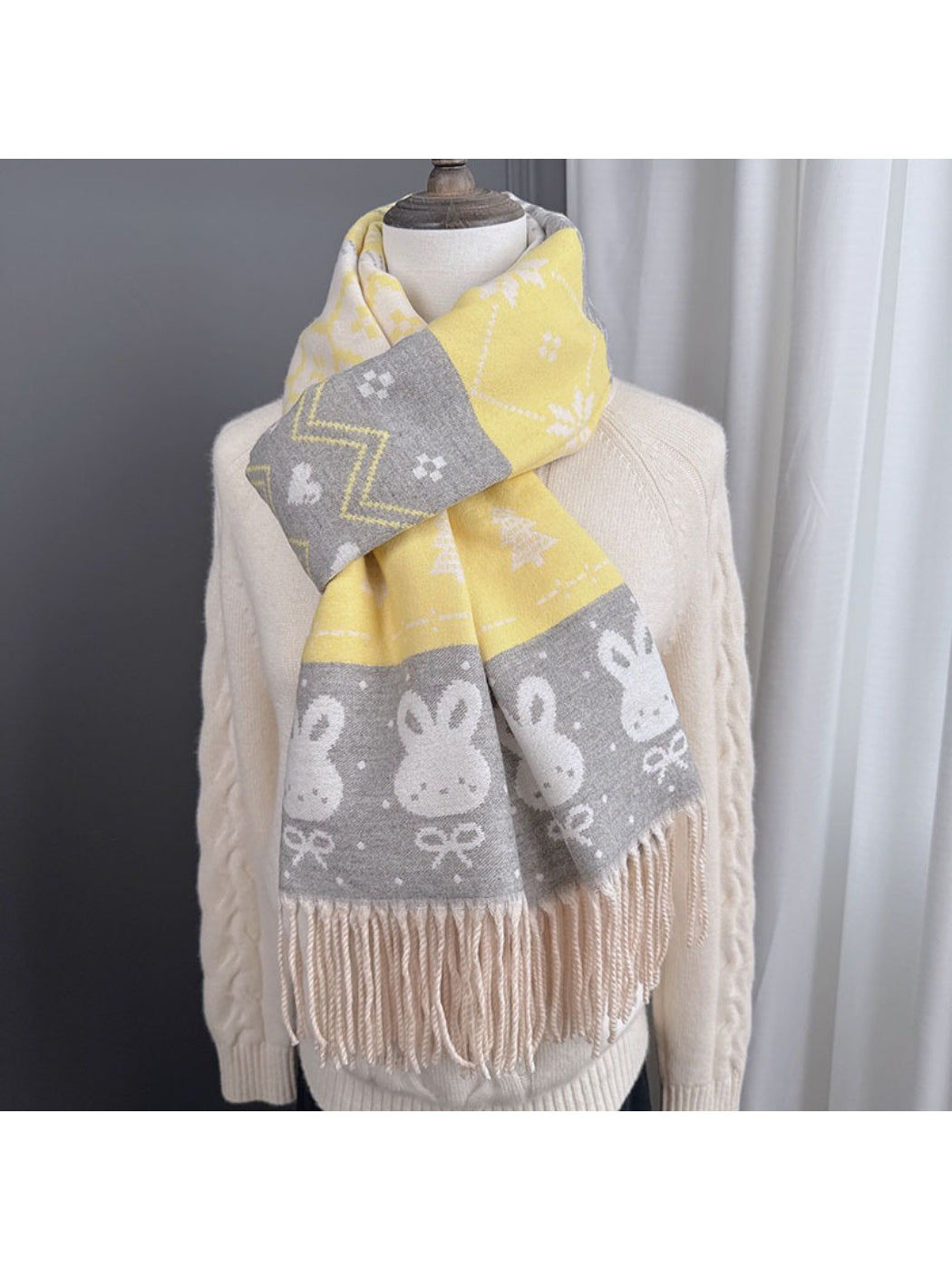 Scarvii - Cozy Bunny Motif Fringe Scarf