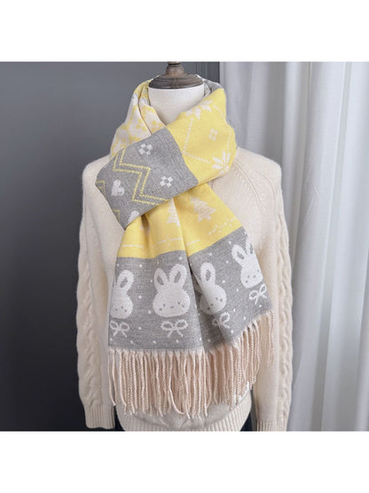 Scarvii - Cozy Bunny Motif Fringe Scarf