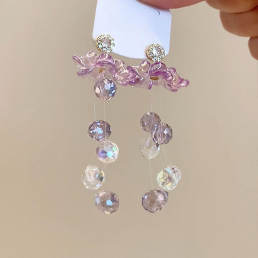 Earwish - Purple Floral & Long Beaded Fringe Earrings - Delicate