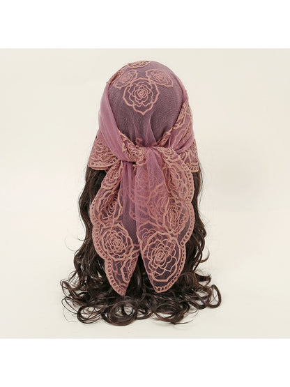Scarvii - Rose Embroidered Lace Detail Square Scarf