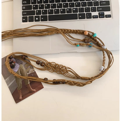 Beco Blue Beaded Braided Wide Tassel Tie Waist Belt color options including Coffee, Brown