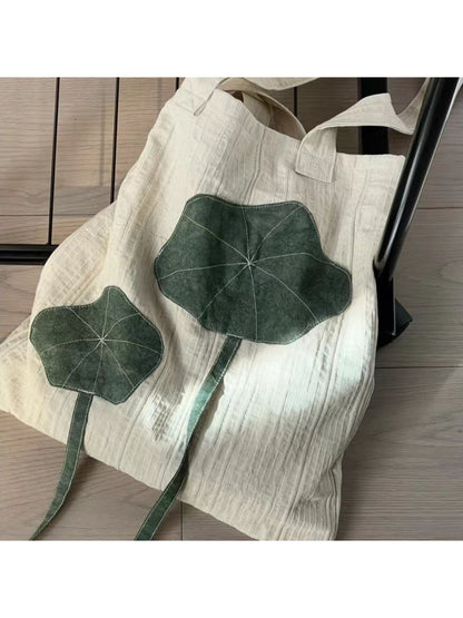 Cosbai - Lotus Leaf Applique Vertical Tote Bag