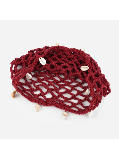 Haila - Openwork Solid Color Round Crown Knit Hat
