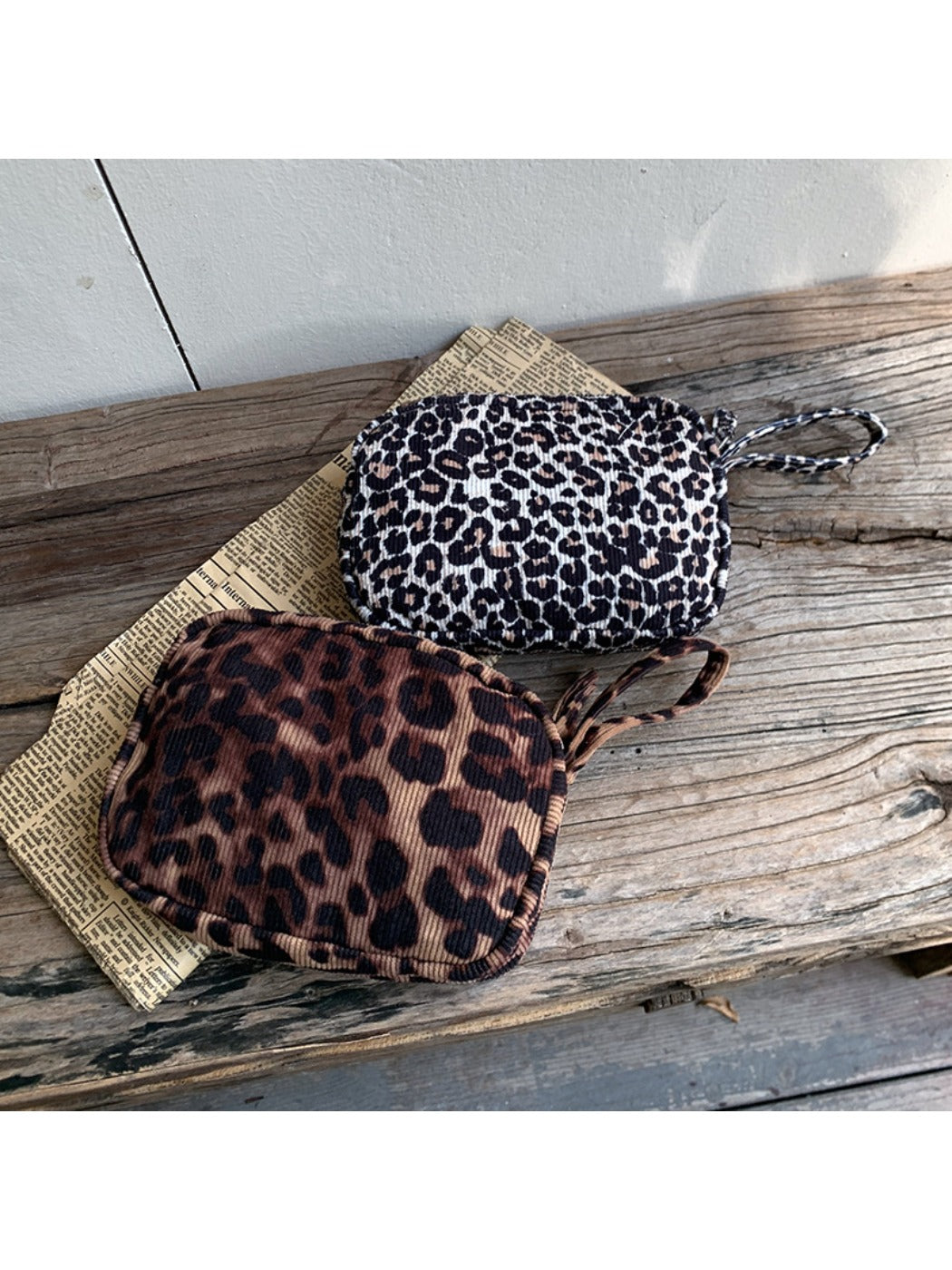Cosbai - Corduroy Travel Makeup Pouch with Leopard Print