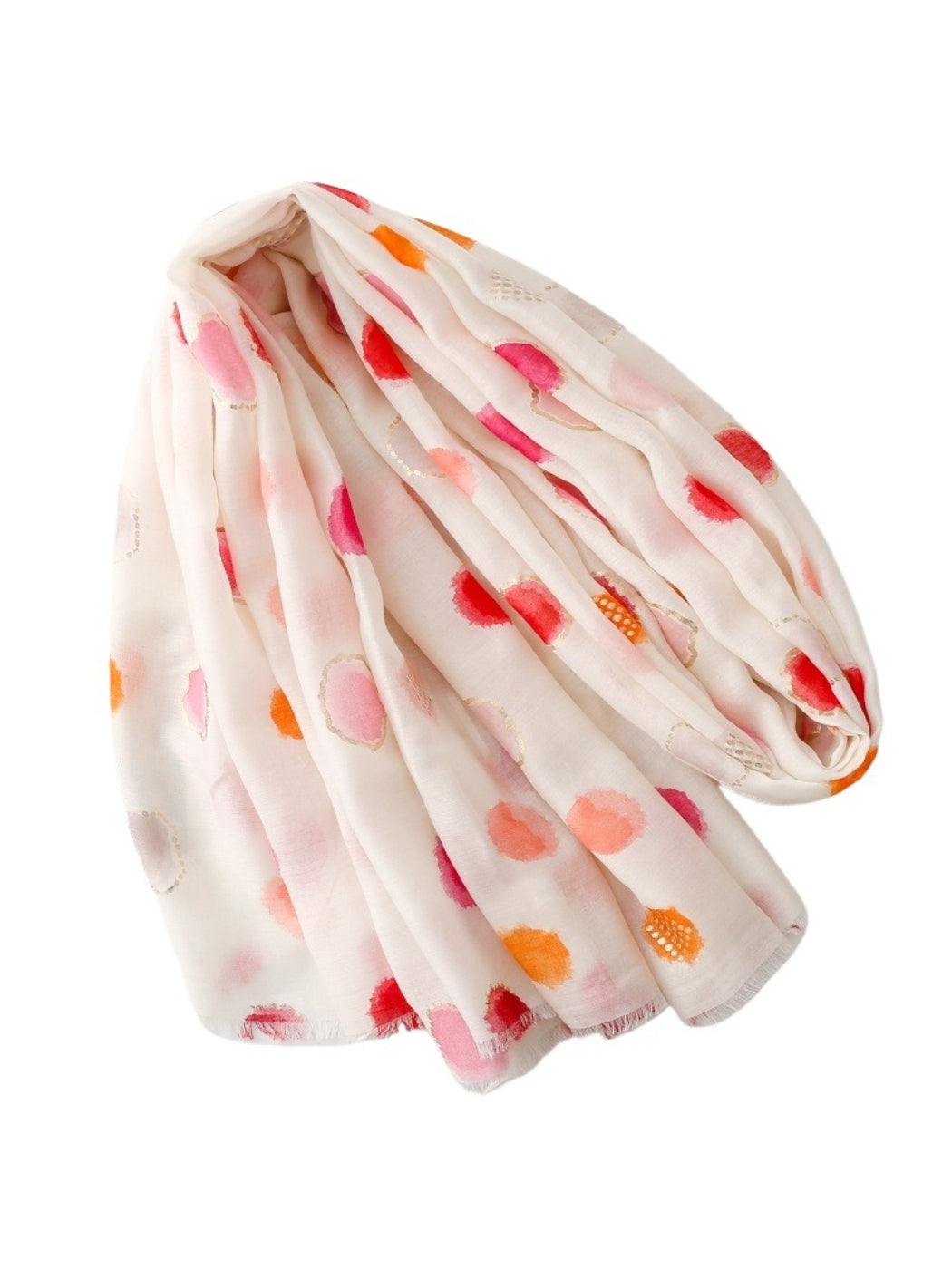 Close-up of Scarvii scarf fabric showing watercolor dot pattern in soft colors