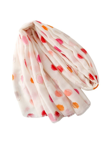 Close-up of Scarvii scarf fabric showing watercolor dot pattern in soft colors