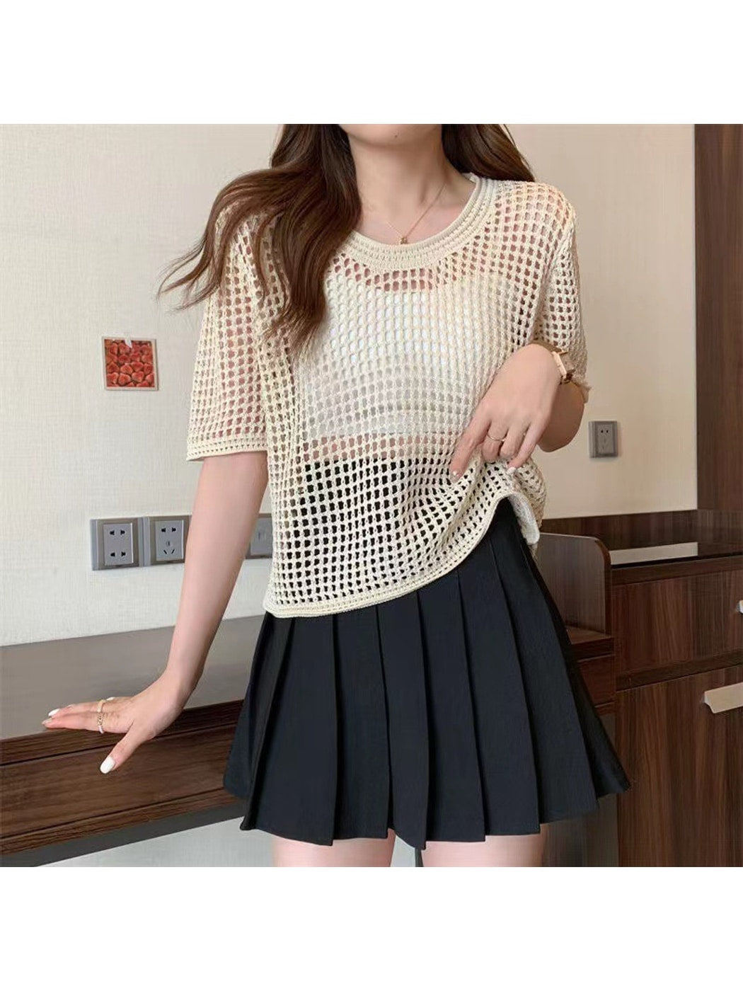 Crosa - Round Neck Hollow Out Knit Pullover Top
