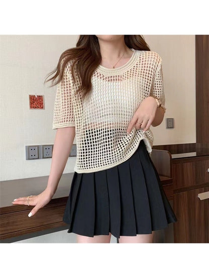 Crosa - Round Neck Hollow Out Knit Pullover Top