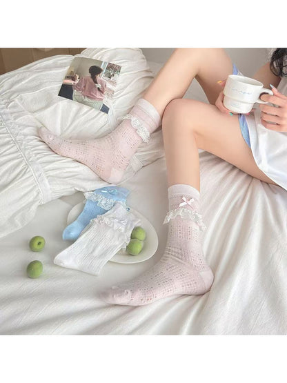 Rufia - Lace Trim Bow Detail Sweet Style Crew Socks