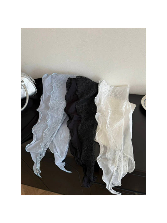 Lightweight headscarf with delicate lace edges in soft pastel color