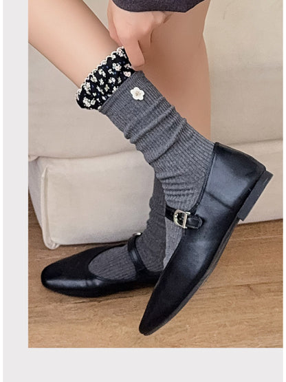 Rufia - Ruffled Floral Trim Crew Socks