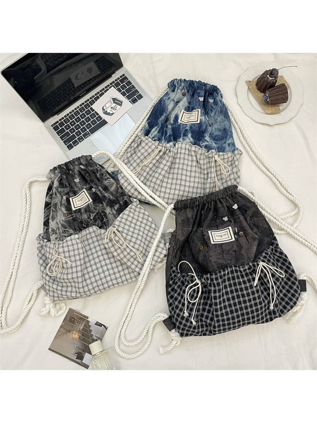Cosbai – Plaid & Denim Drawstring Backpack