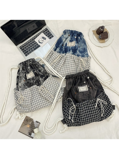 Cosbai – Plaid & Denim Drawstring Backpack