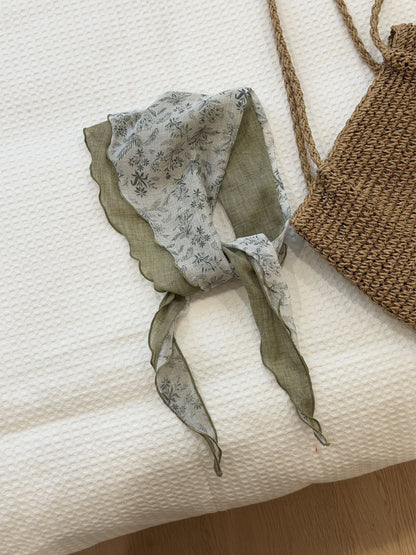 Scarvii boho floral triangle bandana scarf draped over shoulder highlighting fabric texture