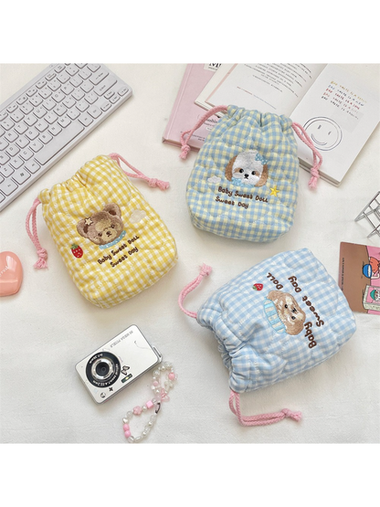 Cosbai - Gingham Bear Drawstring Pouch