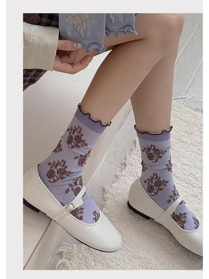 Rufia - Vintage Floral Jacquard Lettuce-Edge Socks