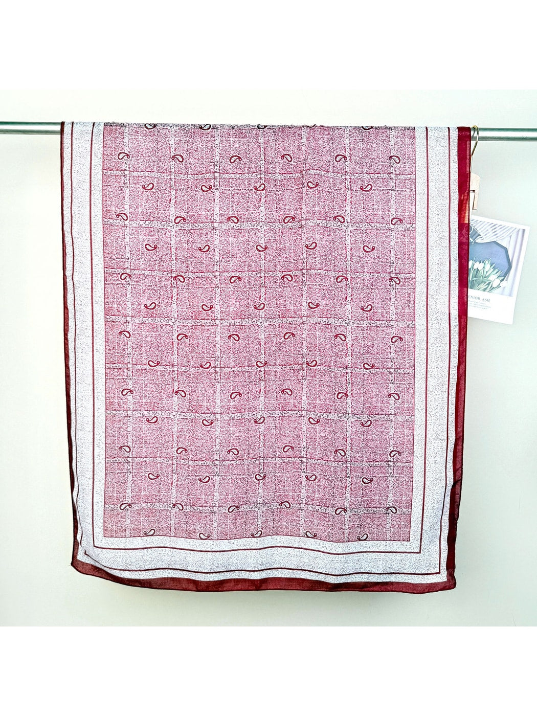 Scarvii - Leaf Print Checked Border Long Scarf