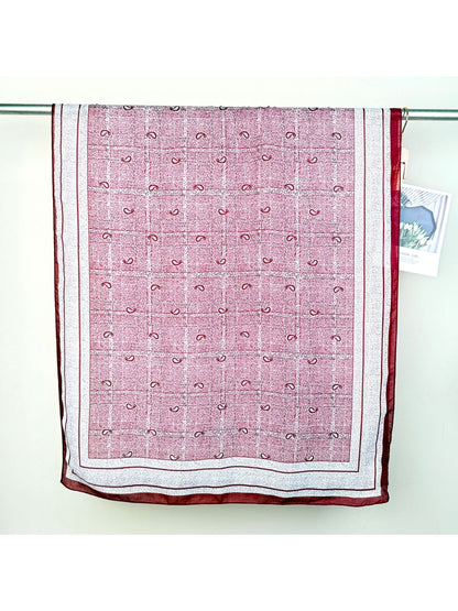 Scarvii - Leaf Print Checked Border Long Scarf