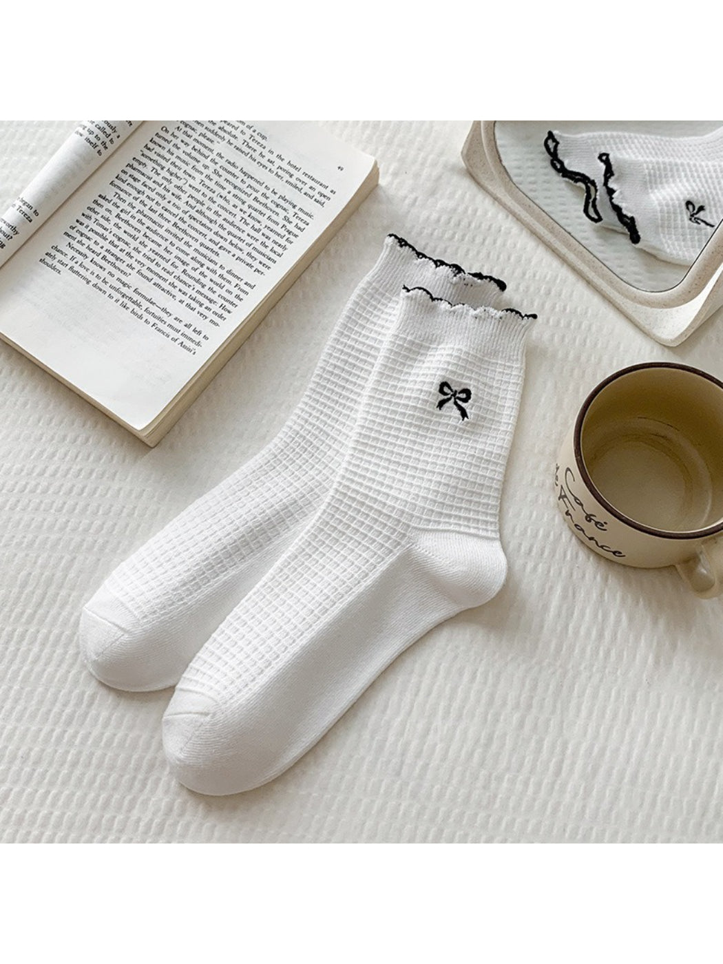 Rufia - Embroidered Bow Waffle Crew Socks product image 5