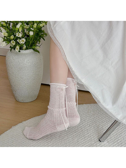 Rufia - Ribbon Bow Detail Rolled Cuffs Crew Socks