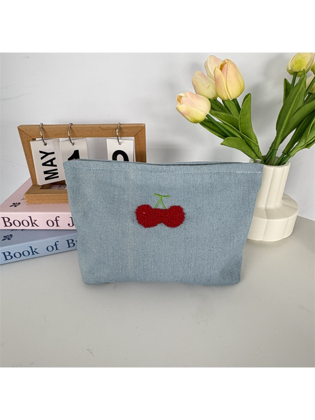 Cosbai – Denim Cherry Embroidered Mini Makeup Bag