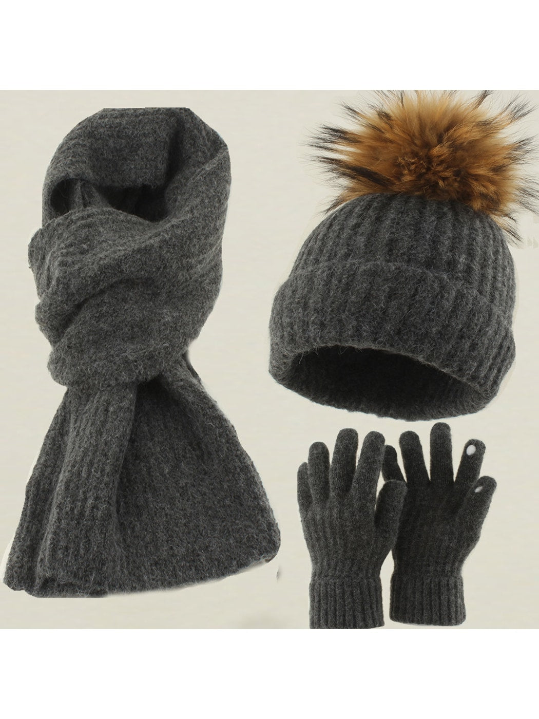 Haila - Round Crown Beanie, Scarf & Glove Set