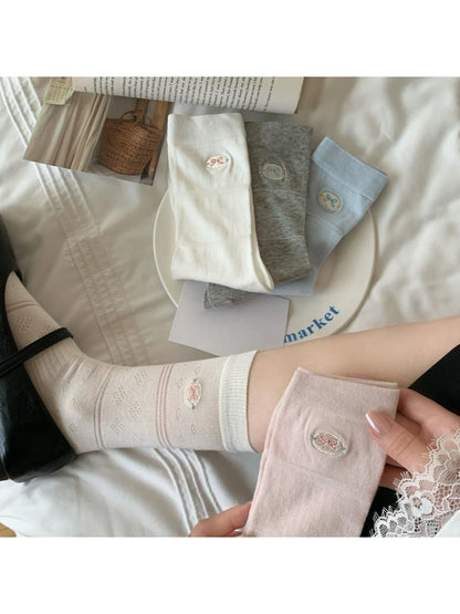 Rufia - Bow Embroidered Solid Color Crew Socks