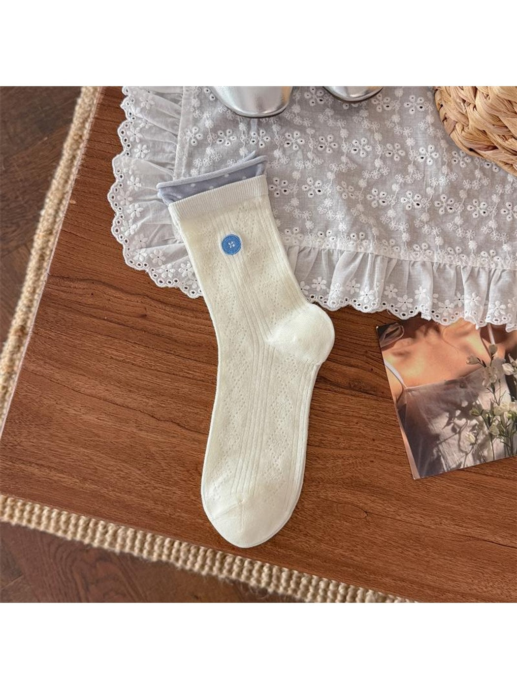 Rufia - Sweet Blue Print Ruffle Crew Socks