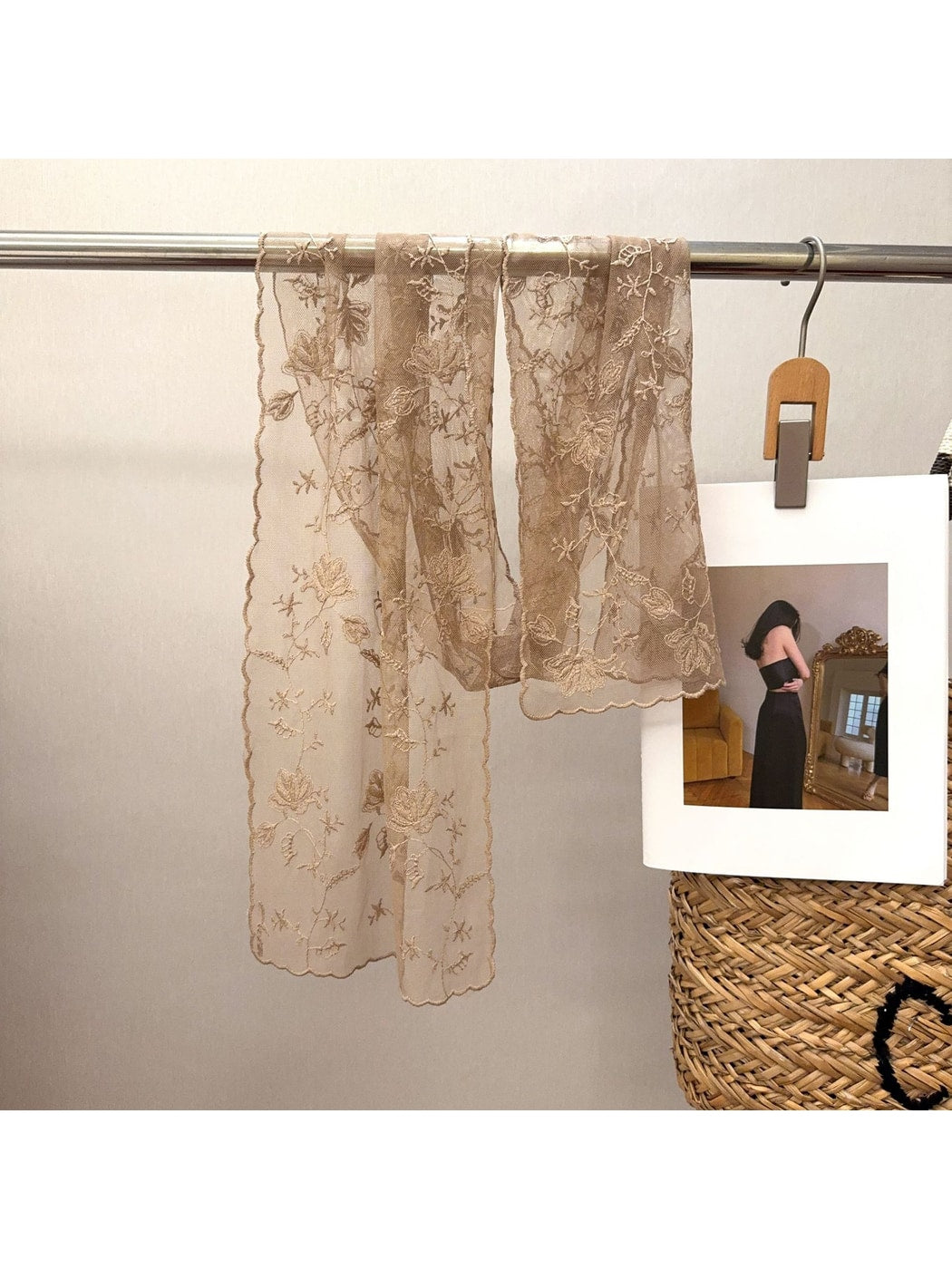 Scarvii - Embroidered Mesh Oblong Scarf with Floral Detail