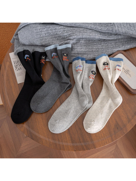 Rufia – Color-Block Cat & Fish Embroidery Socks