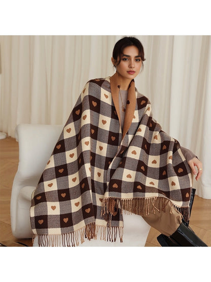 Scarvii - Heart Print Plaid Winter Scarf
