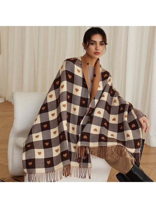 Scarvii - Heart Print Plaid Winter Scarf