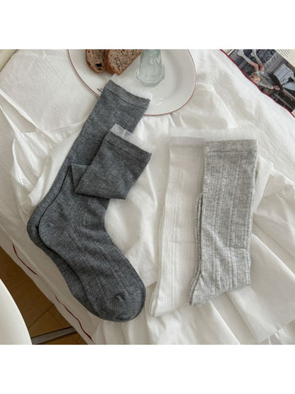 Rufia - Elegant Solid Color Ribbed Openwork Mid-calf Socks