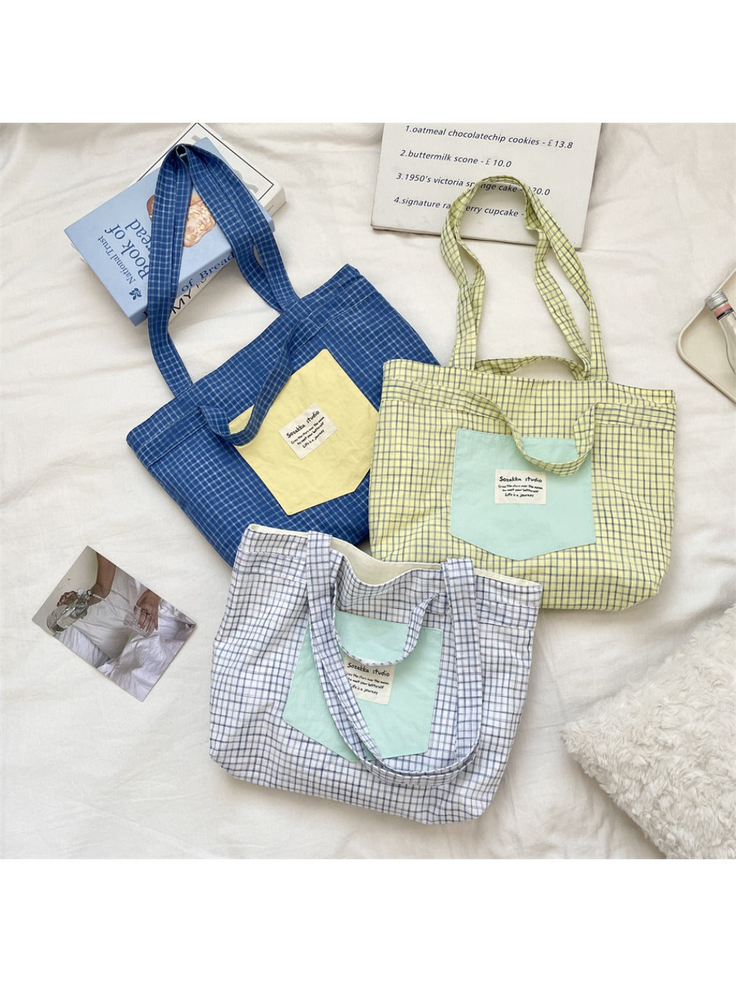 Cosbai - Patchwork Plaid Tote Bag & Shoulder Bag