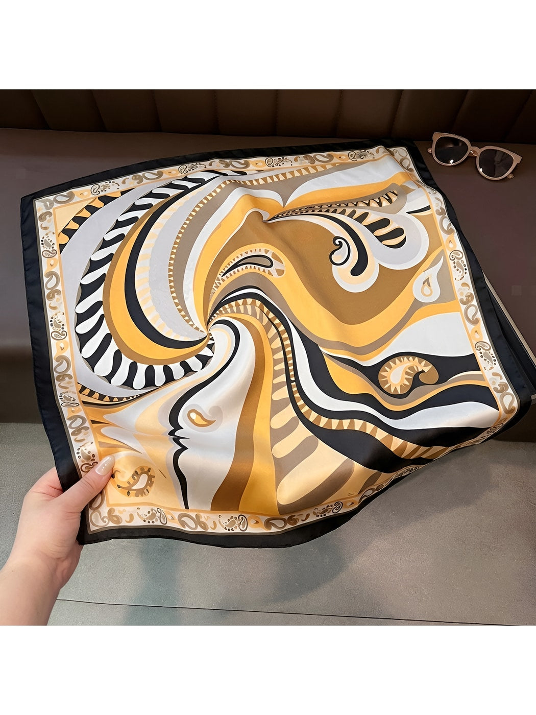 Scarvii - Ornate Border Print Neck Styling Square Scarf