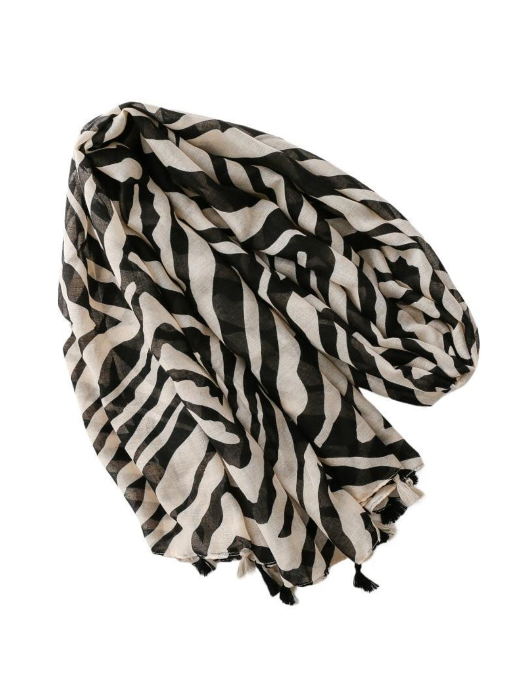 Scarvii Zebra Stripe Tassel Scarf styled with casual outfit showing full scarf length and pattern