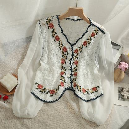 Crosa - Embroidered Floral Hollow Lace Shirt